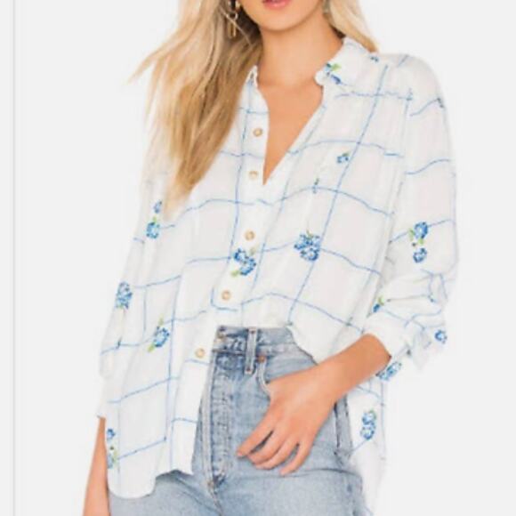 Free People Window To My Heart Button Down Floral White & Blue Top Size S - Picture 10 of 10